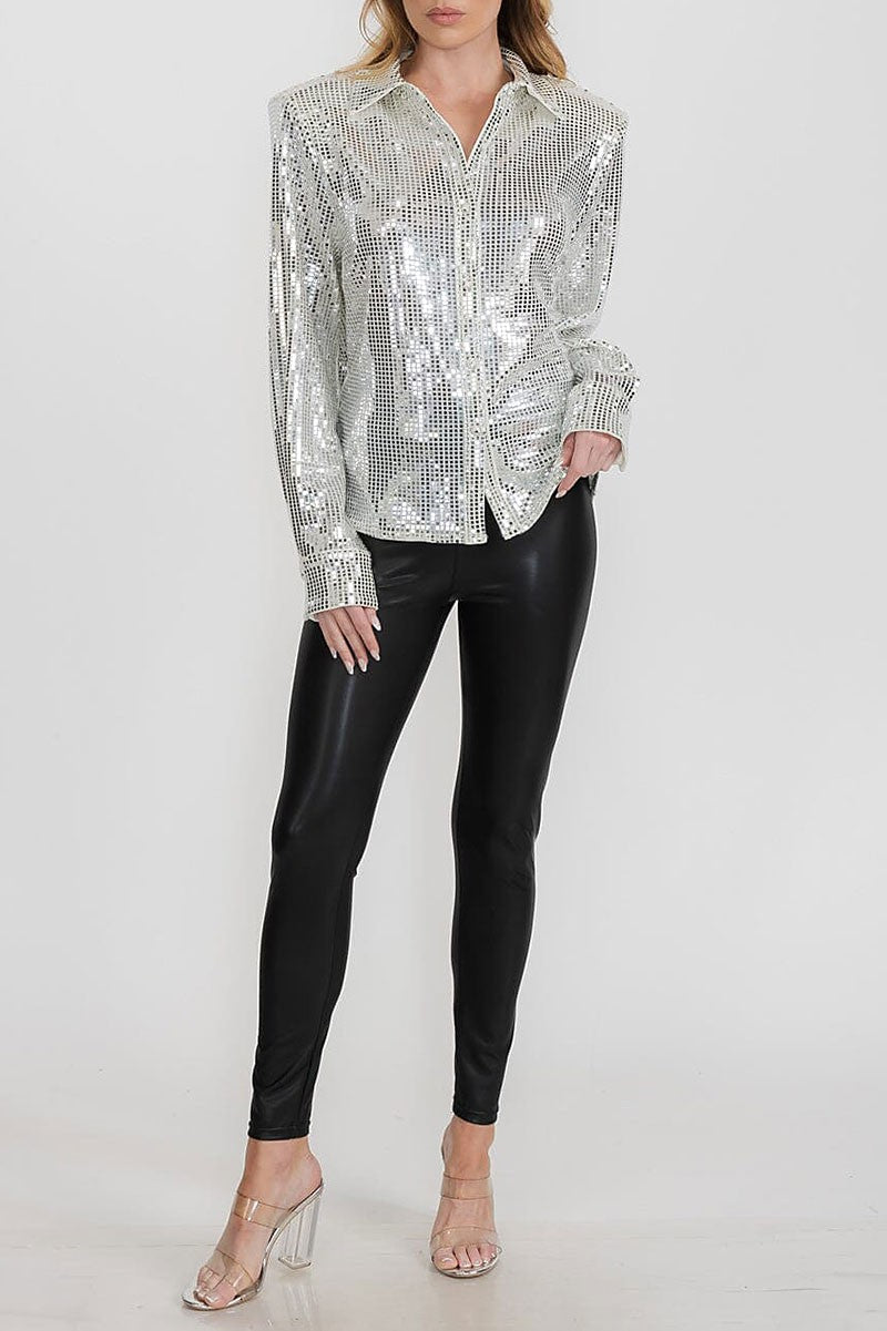 Fully sequined button down shoulder pad shirt top (RVWT9332)