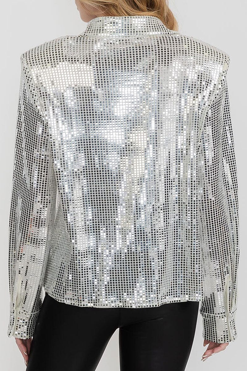 Fully sequined button down shoulder pad shirt top (RVWT9332)