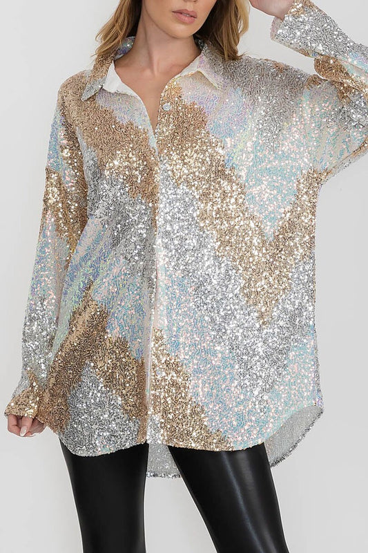 Button down fully sequined shirt top (RVWT9333)