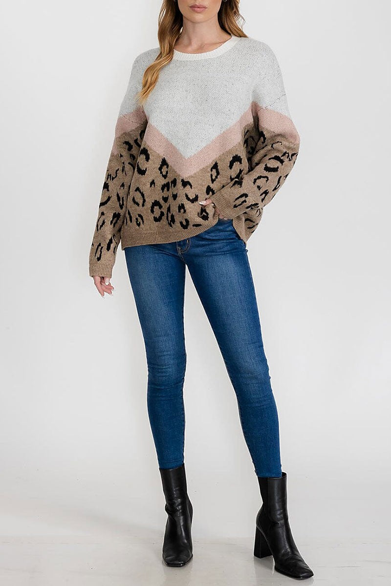 Animal print color block loose fit sweater (RVWT9353)