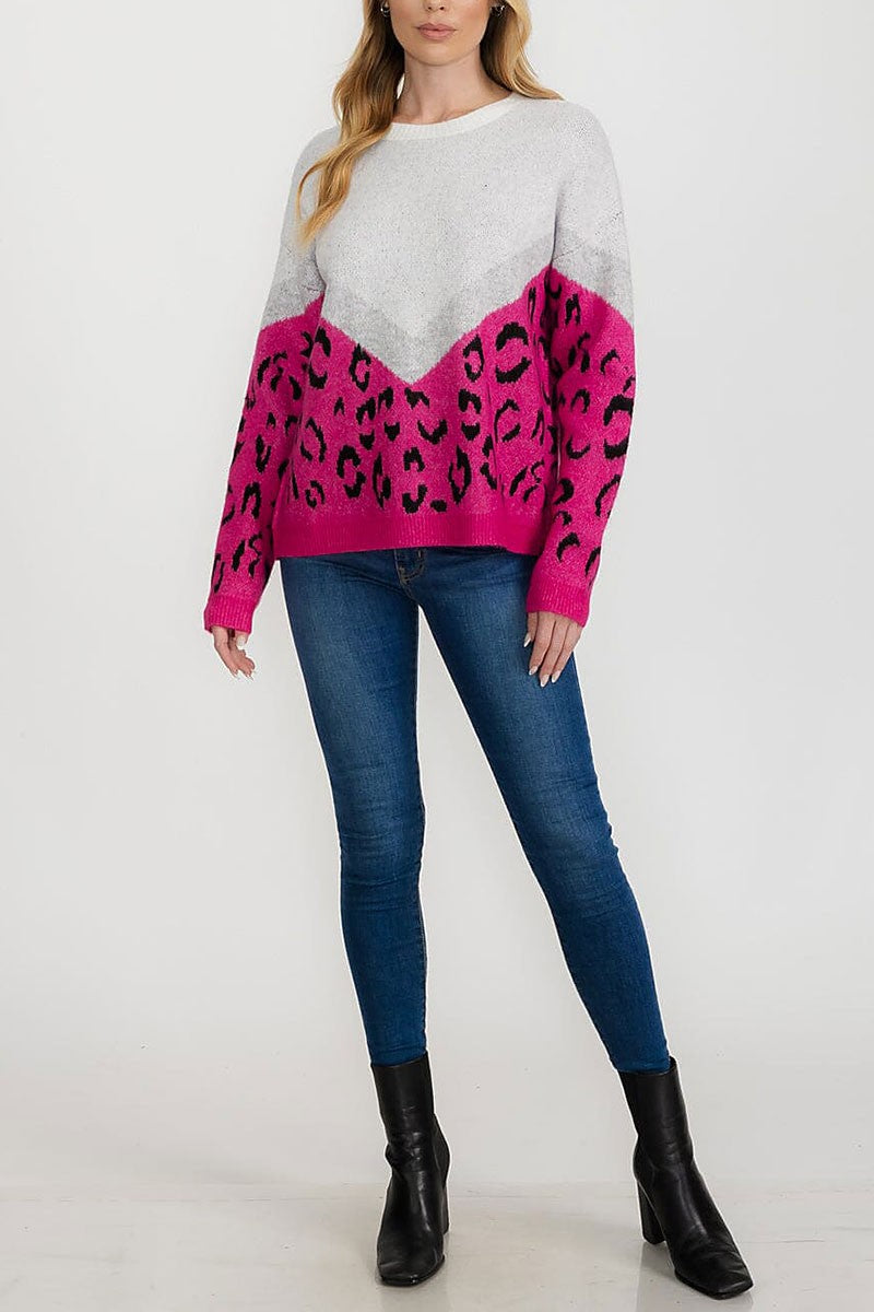 Animal print color block loose fit sweater (RVWT9353)