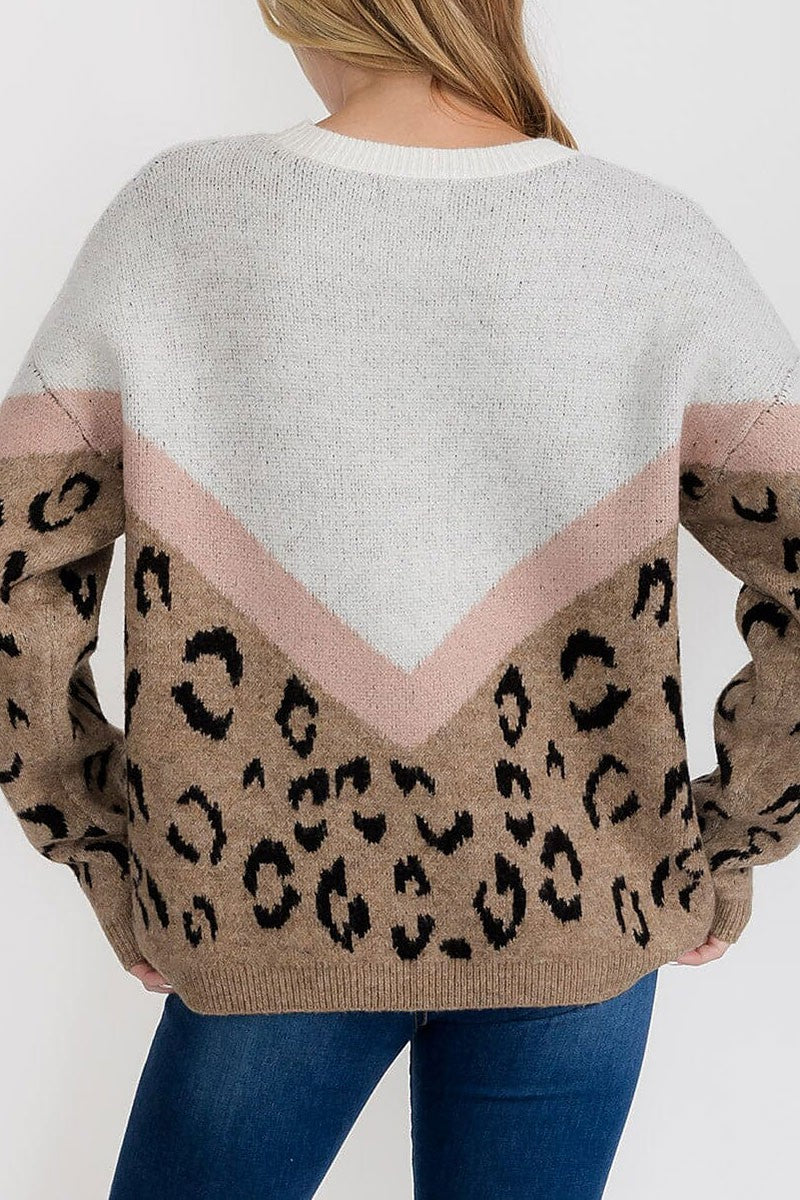 Animal print color block loose fit sweater (RVWT9353)