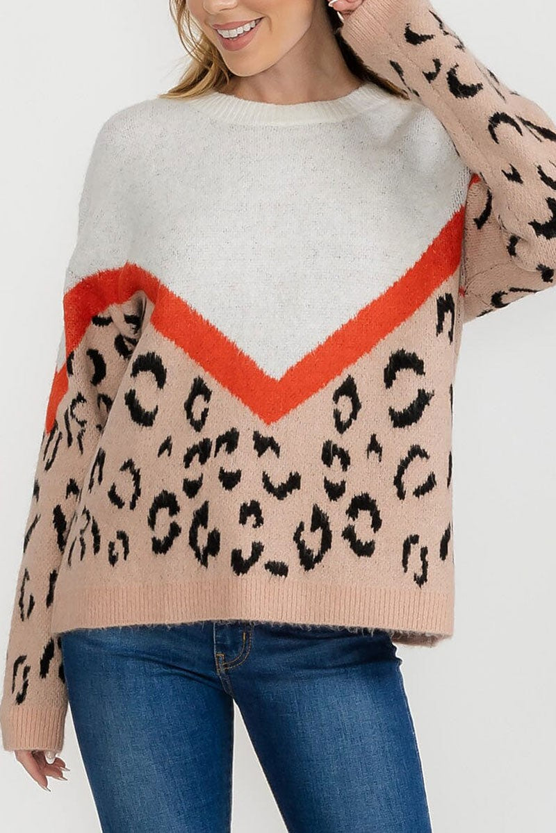 Animal print color block loose fit sweater (RVWT9353)