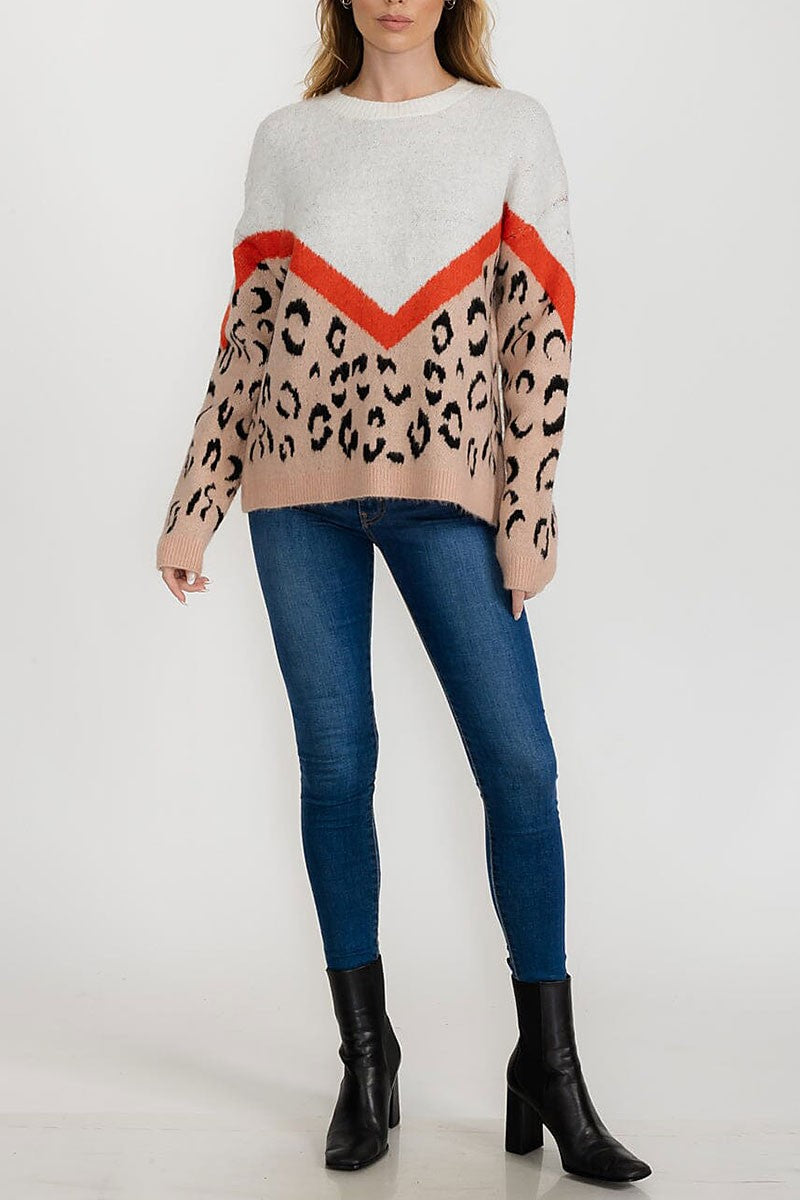 Animal print color block loose fit sweater (RVWT9353)