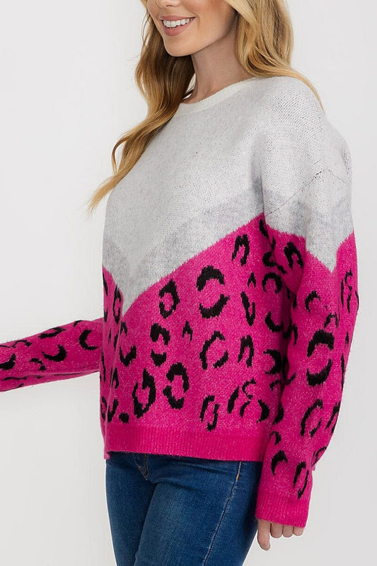 Animal print color block loose fit sweater (RVWT9353)