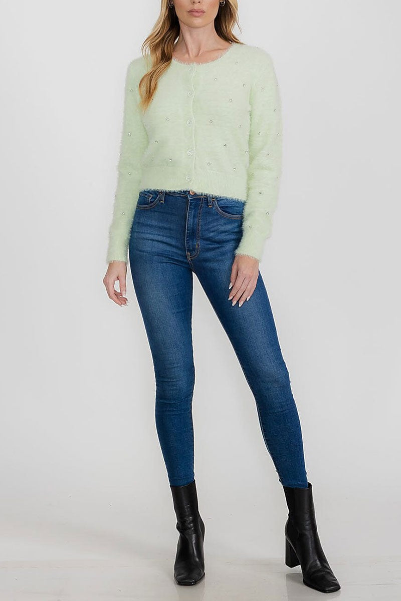 Long sleeve button up fuzzy studs sweater (RVWT9355)