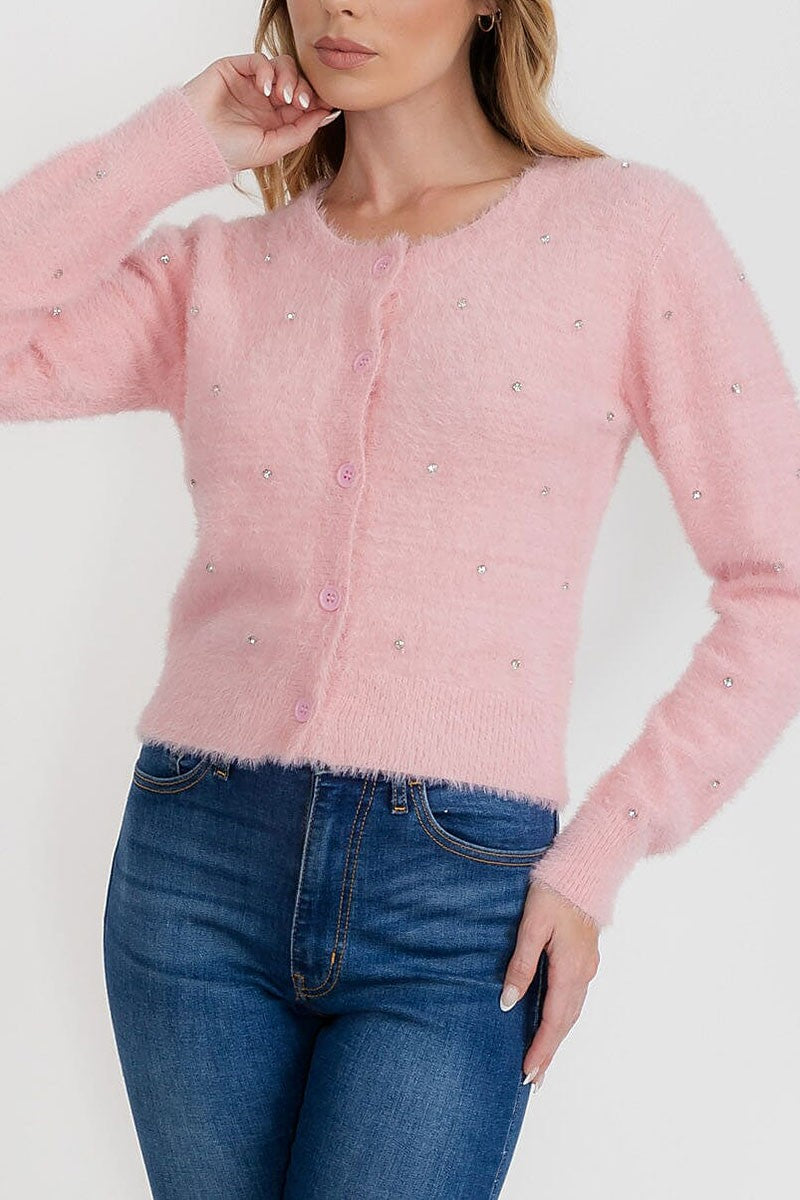 Long sleeve button up fuzzy studs sweater (RVWT9355)