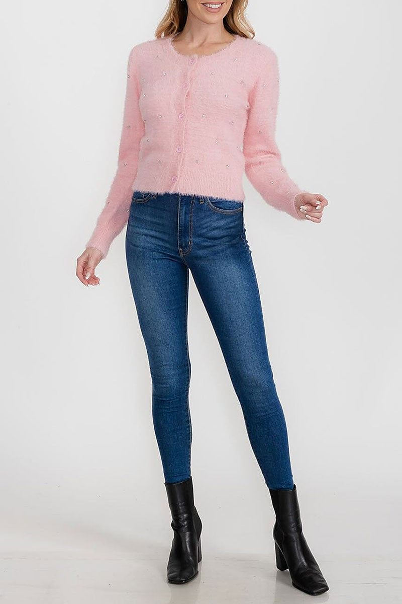 Long sleeve button up fuzzy studs sweater (RVWT9355)