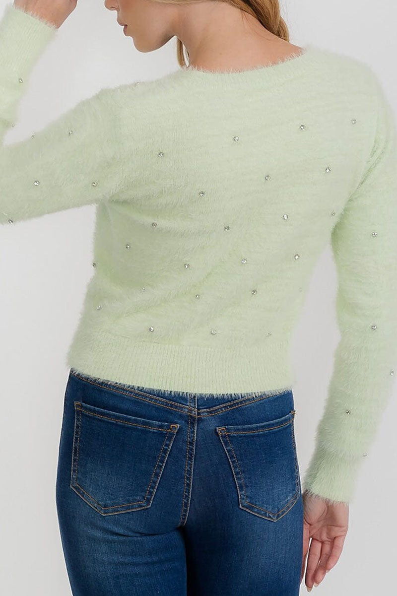 Long sleeve button up fuzzy studs sweater (RVWT9355)