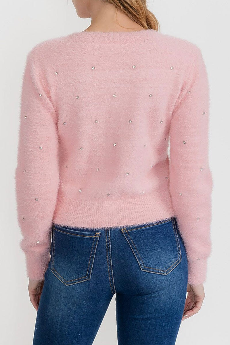 Long sleeve button up fuzzy studs sweater (RVWT9355)