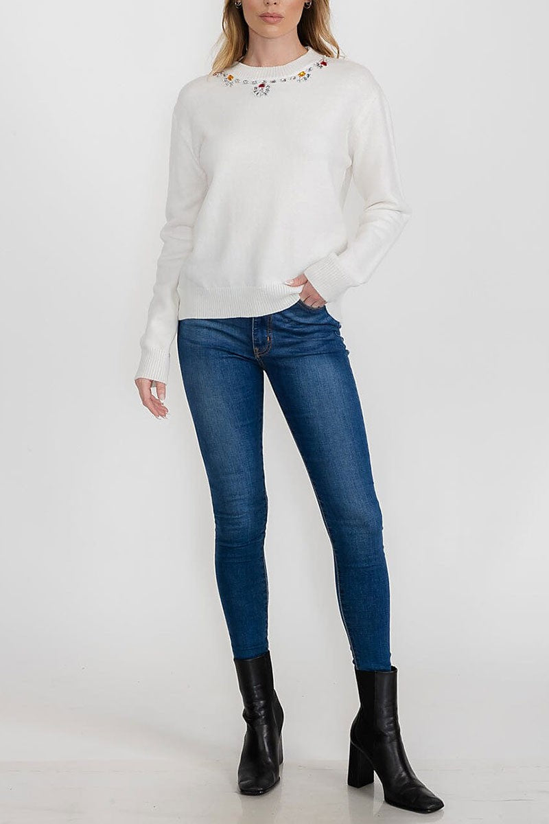 Studs stone detail neck pullover sweater (RVWT9360)