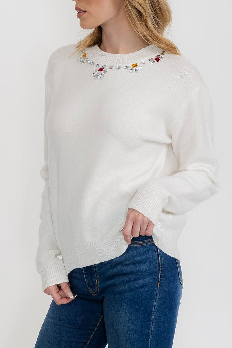 Studs stone detail neck pullover sweater (RVWT9360)