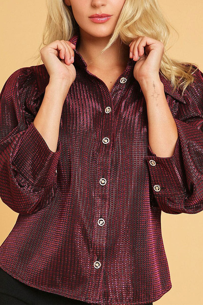 3/4 puff sleeve button down shimmer shirt blouse (RVWT9855)