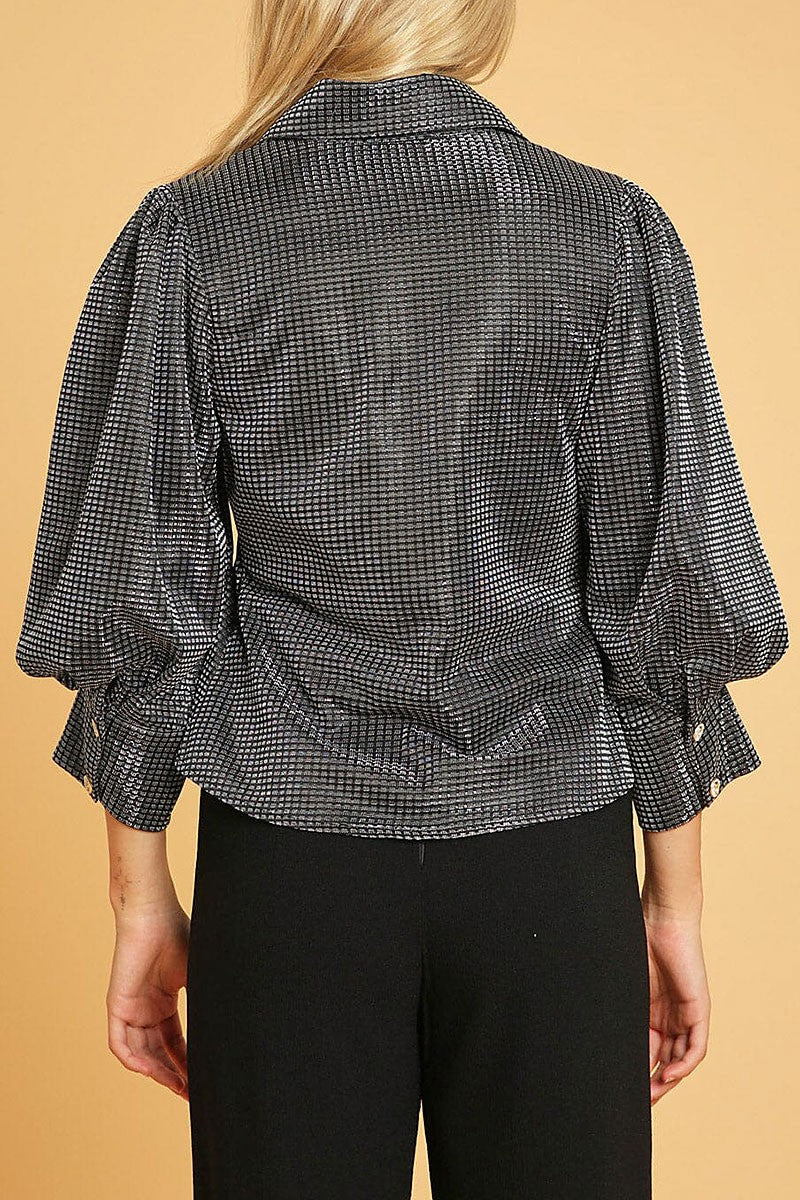 3/4 puff sleeve button down shimmer shirt blouse (RVWT9855)