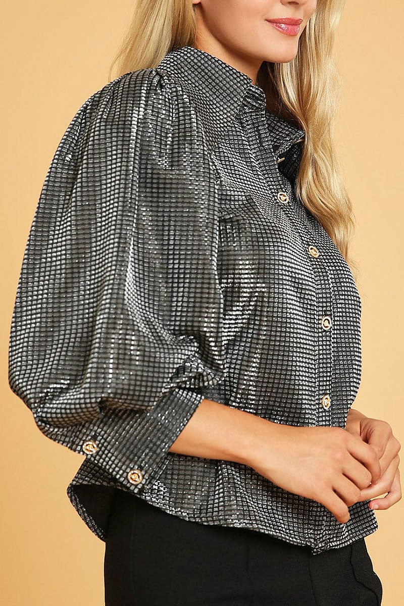 3/4 puff sleeve button down shimmer shirt blouse (RVWT9855)