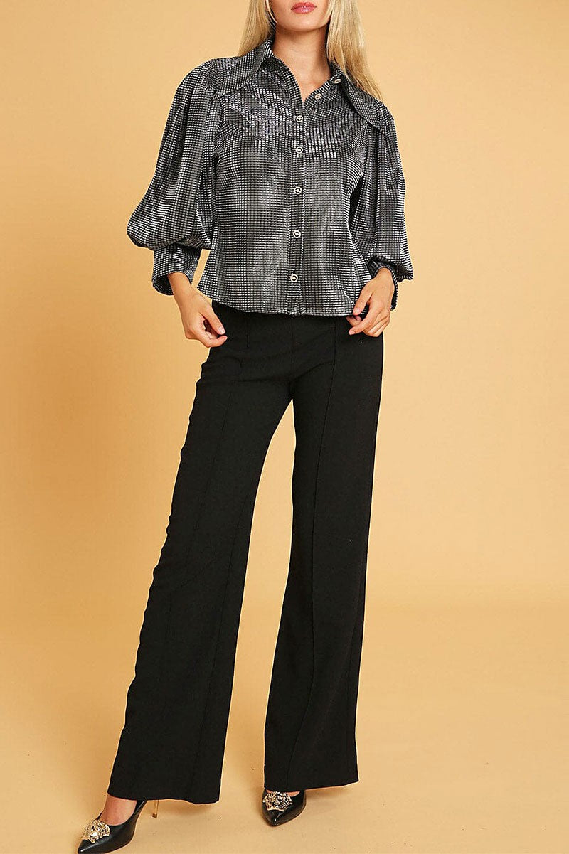 3/4 puff sleeve button down shimmer shirt blouse (RVWT9855)