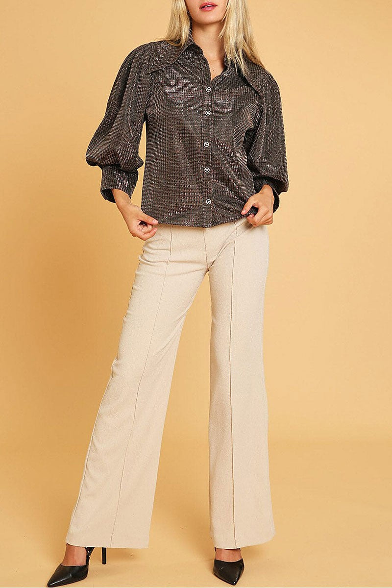 3/4 puff sleeve button down shimmer shirt blouse (RVWT9855)