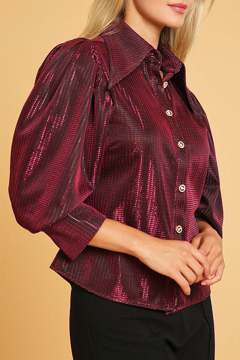 3/4 puff sleeve button down shimmer shirt blouse (RVWT9855)