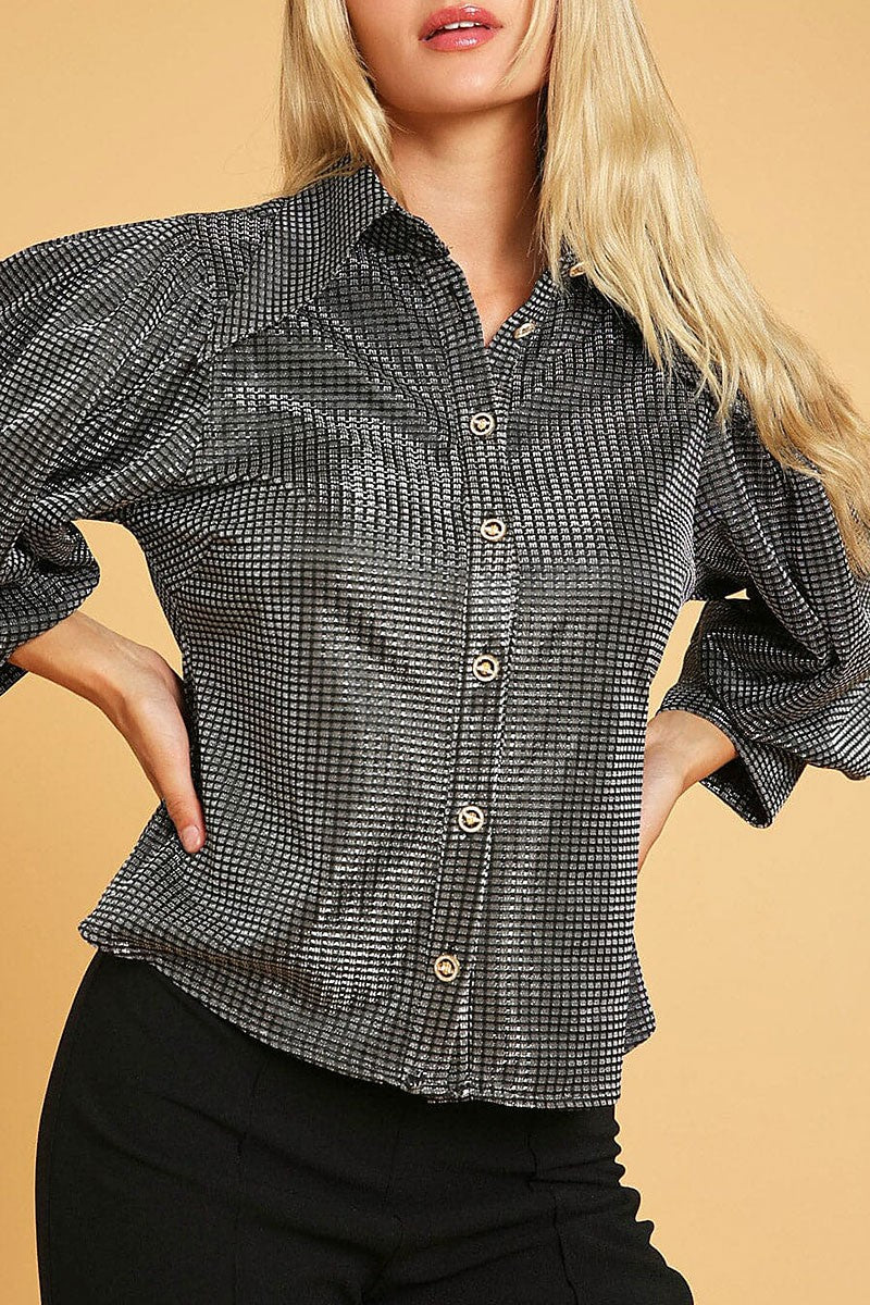 3/4 puff sleeve button down shimmer shirt blouse (RVWT9855)