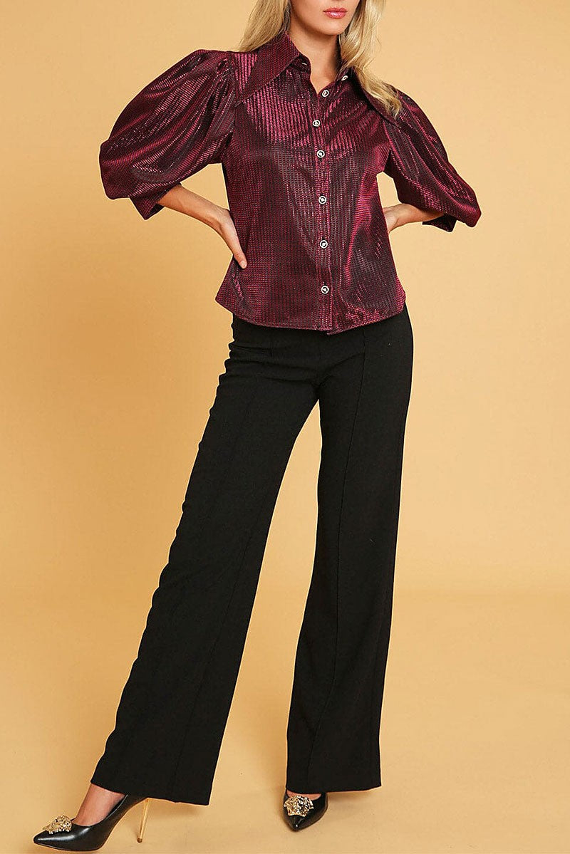 3/4 puff sleeve button down shimmer shirt blouse (RVWT9855)