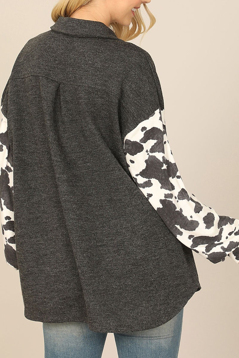 Animal contrast long sleeve front pocket top (RT8849)