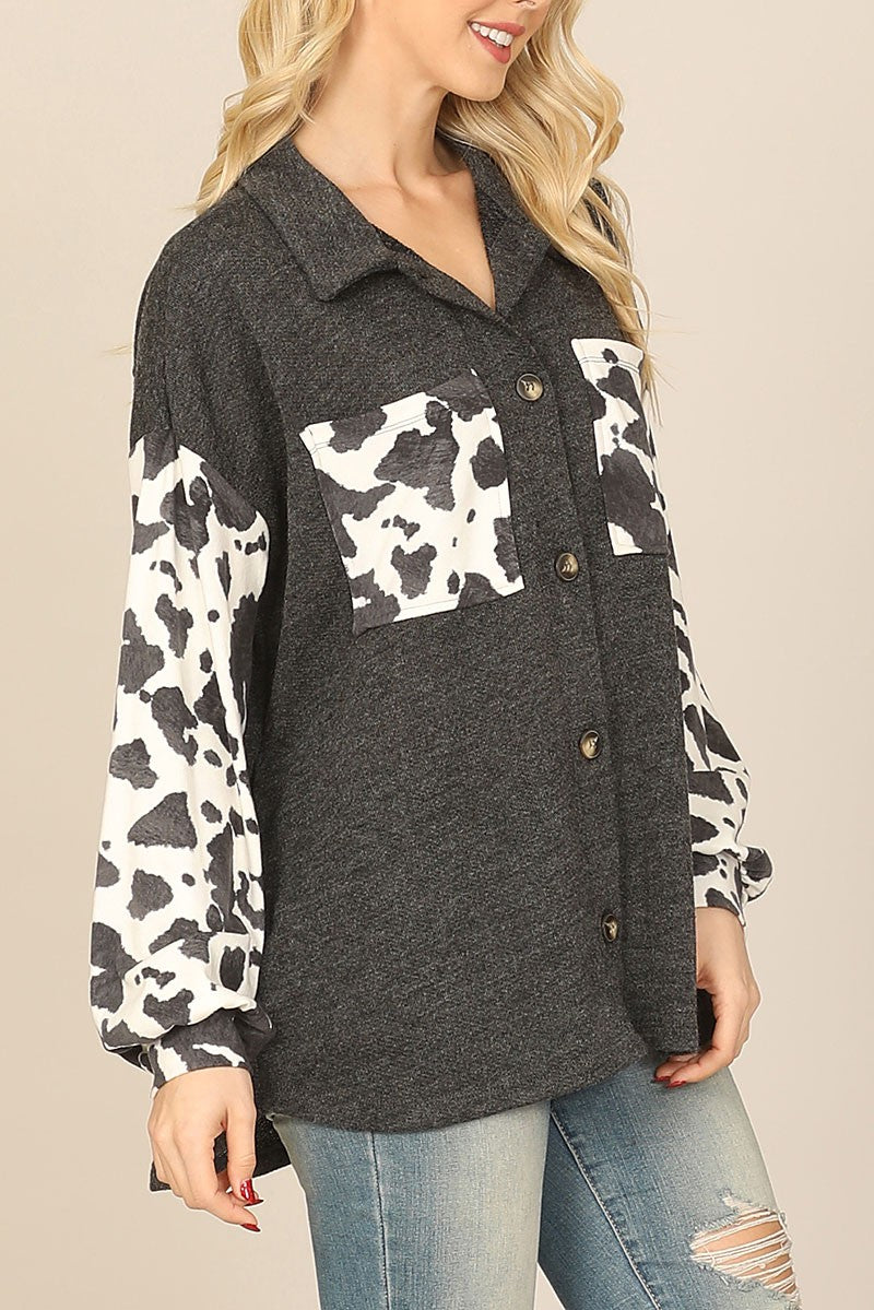 Animal contrast long sleeve front pocket top (RT8849)