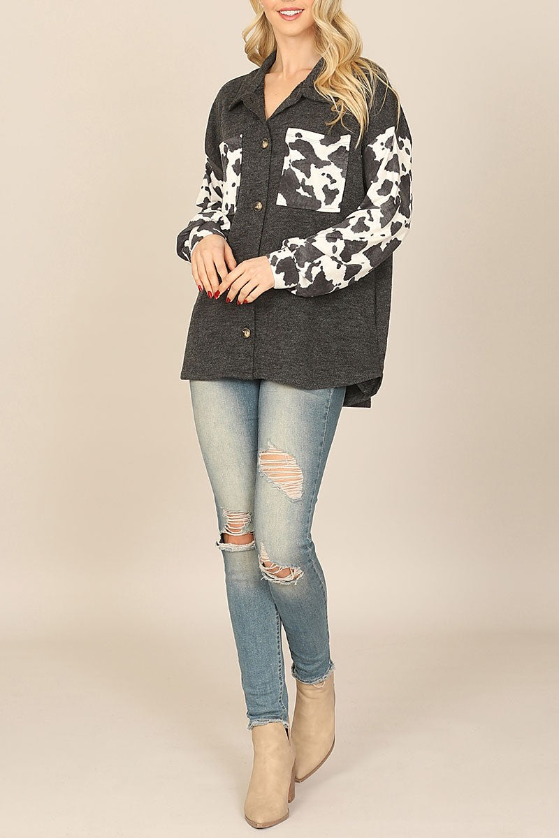 Animal contrast long sleeve front pocket top (RT8849)