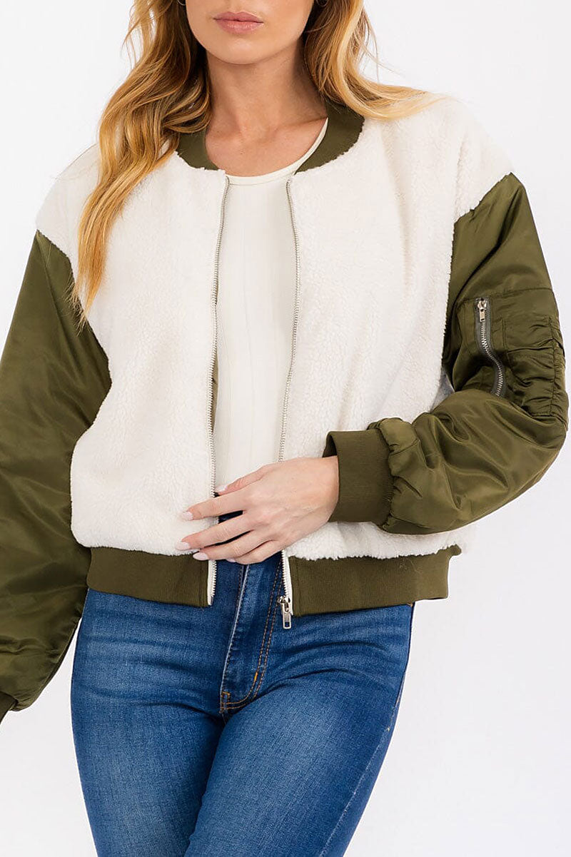 Zip up front pockets sherpa contrast bomber jacket (RVWT7637)