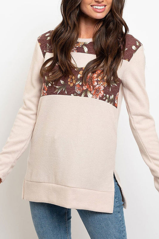 Long sleeve solid and floral mix top (EDWT2264)