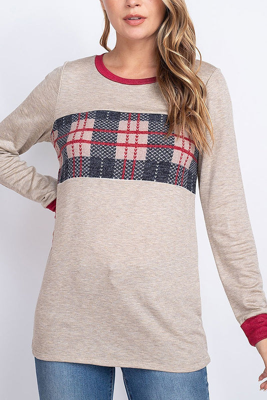 Plaid contrast color block round neck top (EF1930)