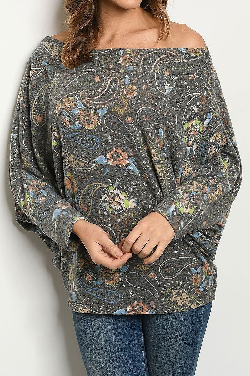 Off shoulder paisley print dolman sleeve sweater top (DGS4802-1)