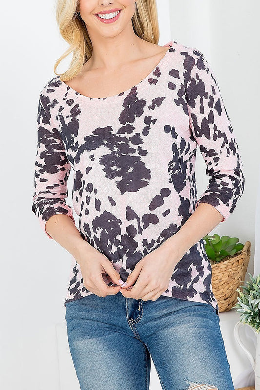 Cow print quarter sleeve top (EF3687)