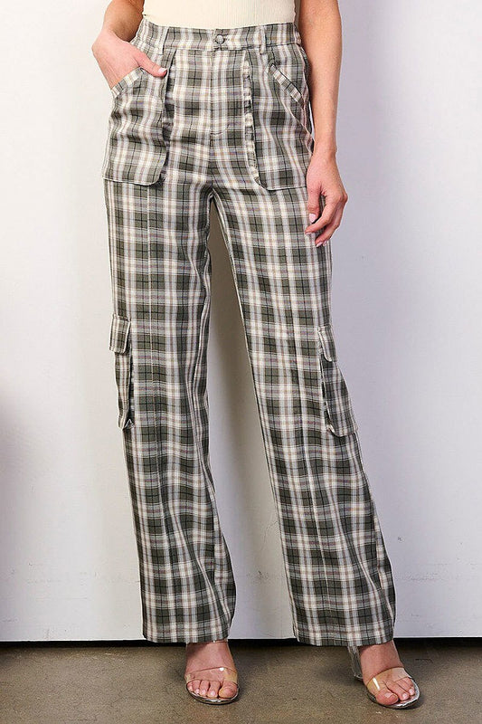 Button closure cargo pockets wide leg plaid pants (EFWT8926)