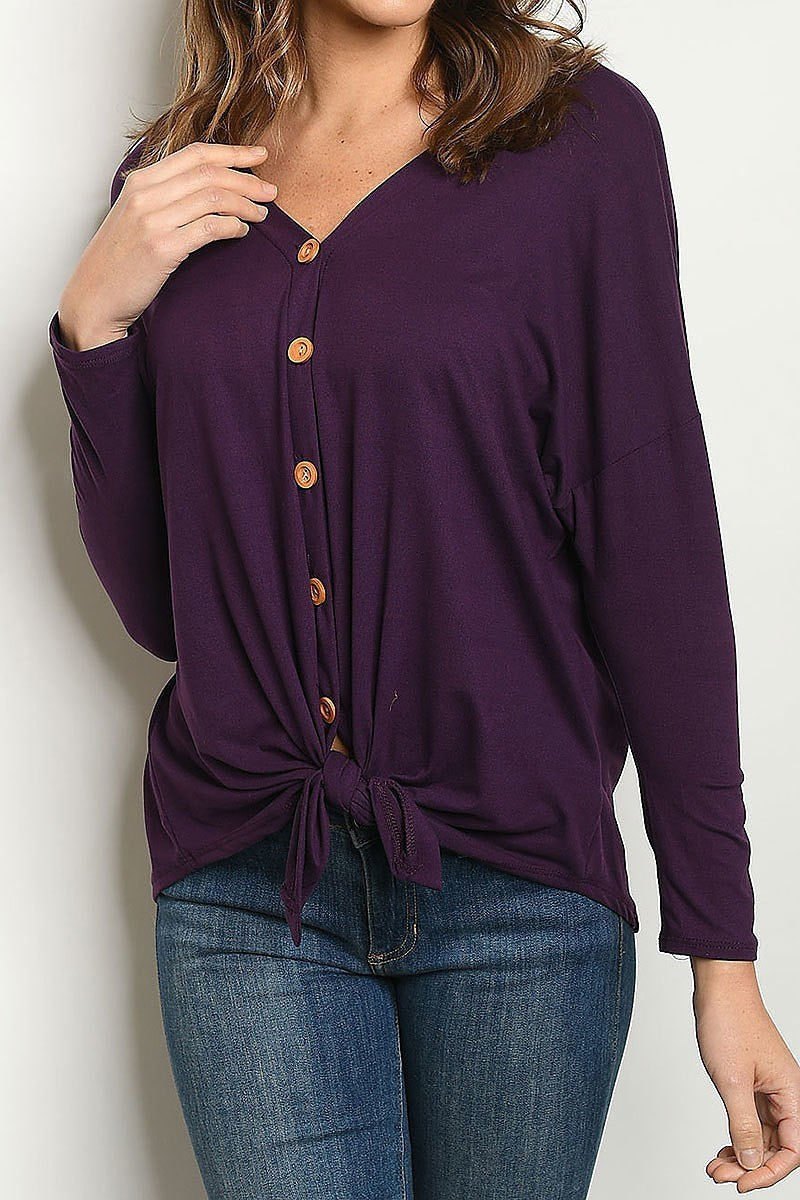 Waist tie button front v neck top (ED7768-LAST)