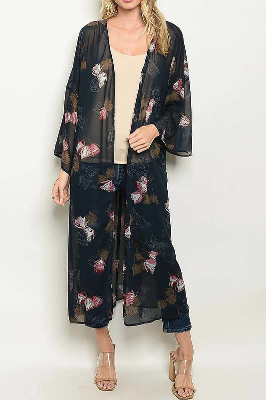 Floral print long line kimono top (ED4809-1)