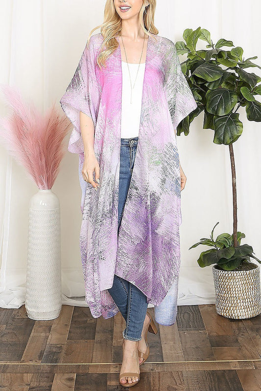 Tie dye multicolor splatter line print open front long kimono (EF5610)