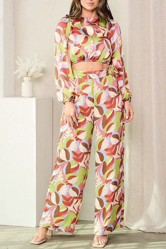 Crop top & wide leg pants leaf print 2pc set (EFWT3966)