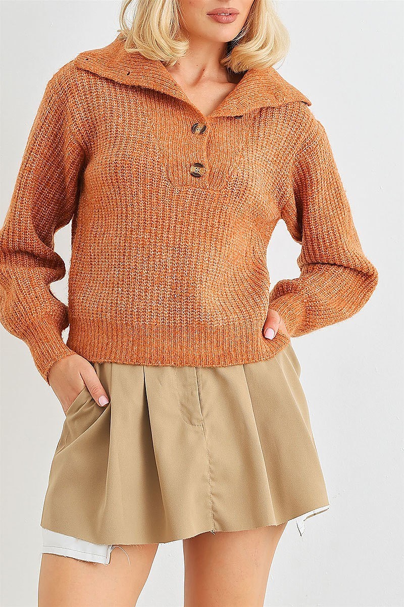 Wool knit button up neck crop sweater (TED2056)