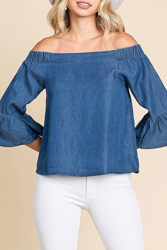 Chambray elastic off shoulder top (EDH1637)