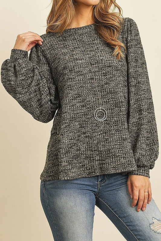 Long puff sleeve round neck waffle brushed loose fit top (ED8100-8)