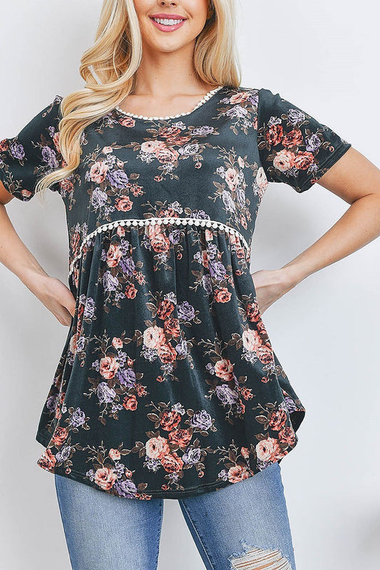 Lace trim floral print velvet baby doll top (EF2647)