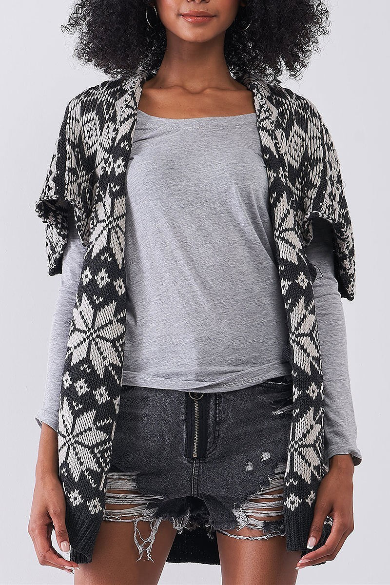 Cable knit oversize open front print jacket vest (TDG8176)