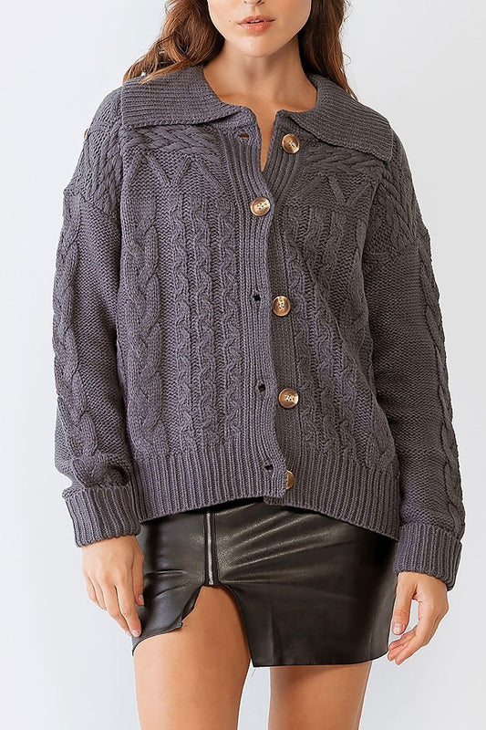 Cable knit collared neck button up sweater cardigan (TDG9943)