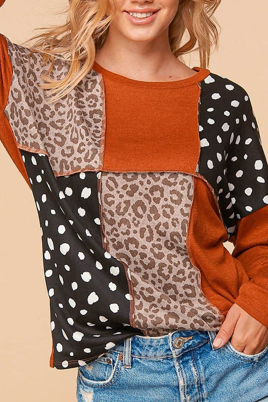 Animal print patchwork knit top (EDBM6601)