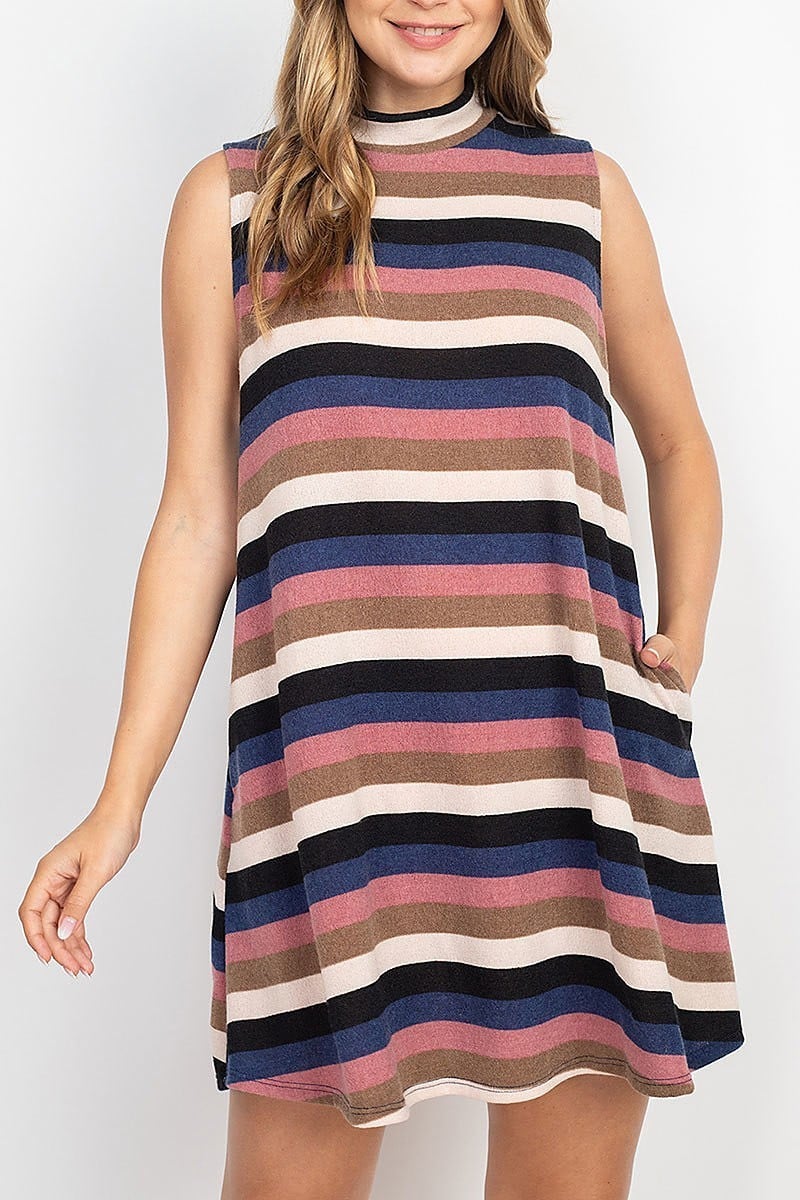 Mock neck pocket detail stripe tunic dress (DED6857)