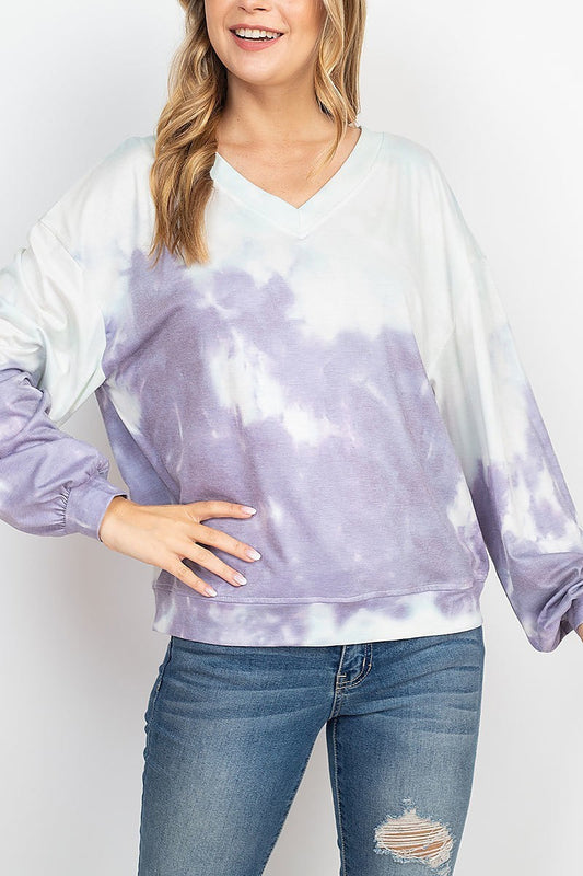 V neck tie dye bubble sleeve top (EF1978)