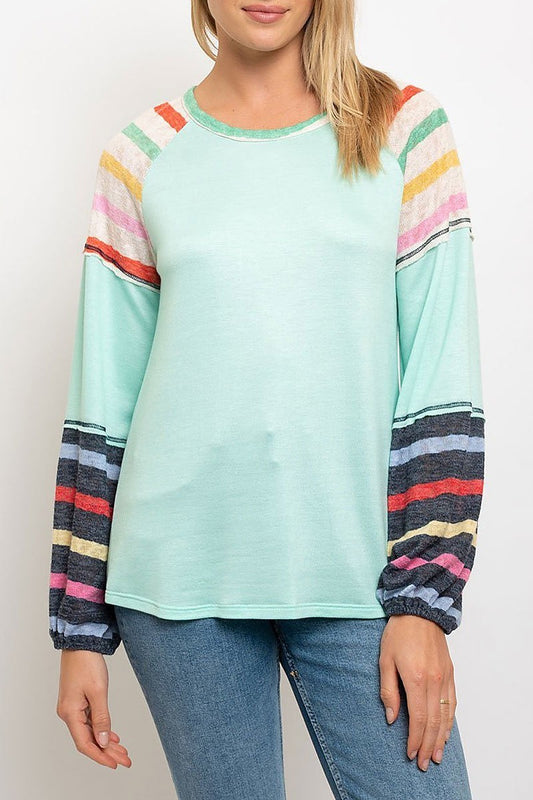 Multi color stripes bubble sleeves top (EDWT1704)