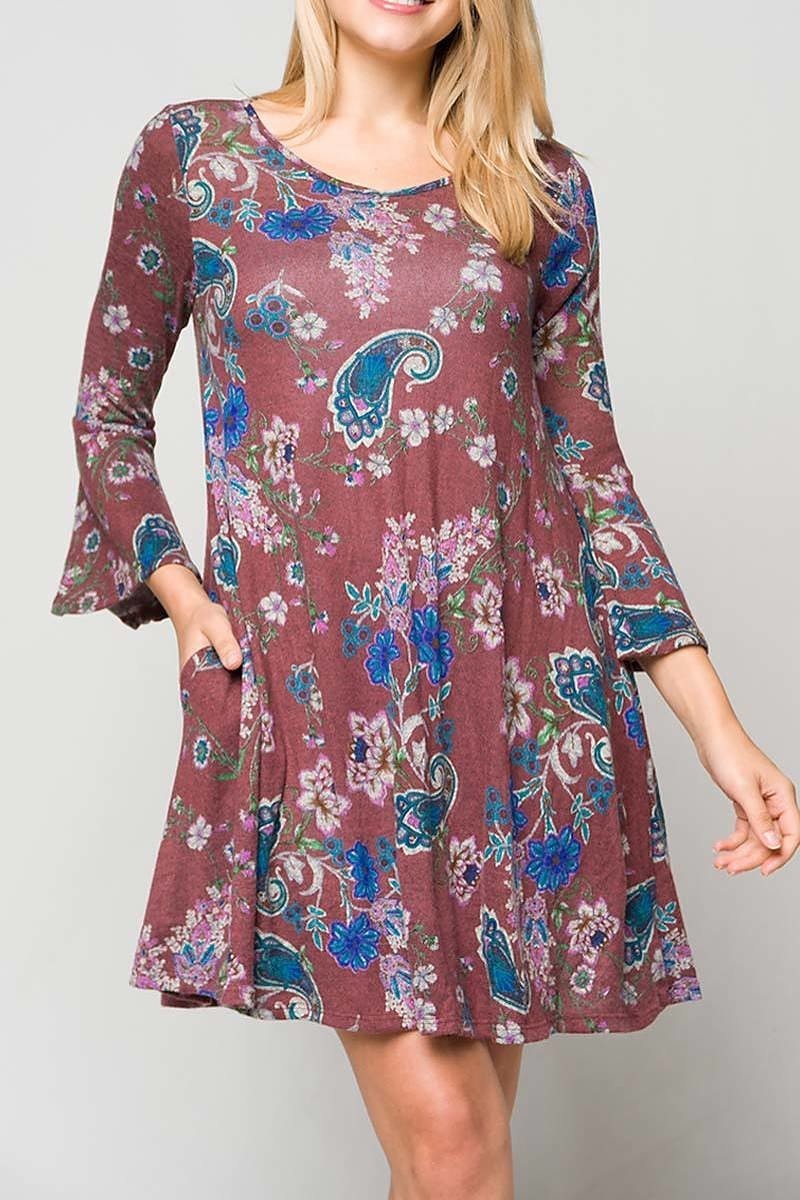 Floral knit bell 3/4 sleeve v-neck shift dress (DGC6976-LAST)