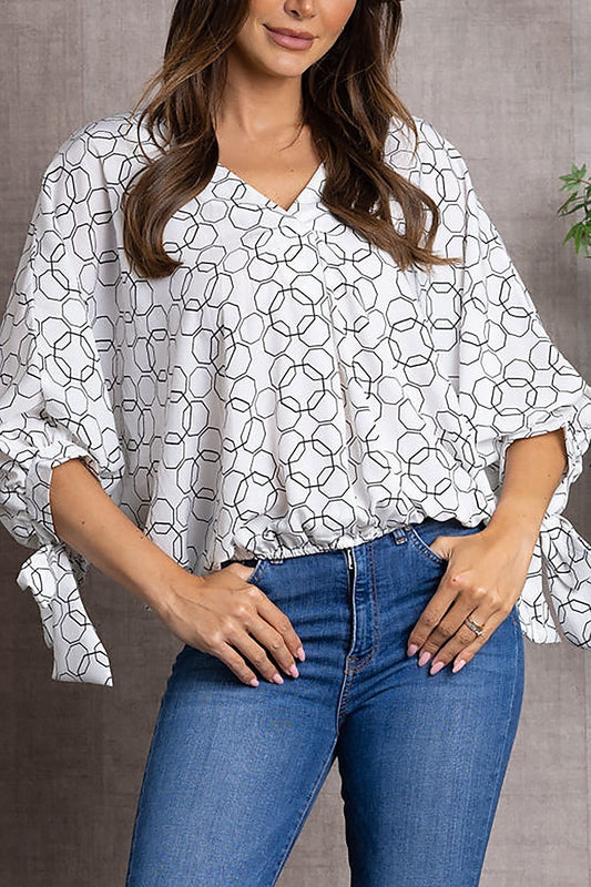 Printed v-neck dolman self-tie sleeve top (EDSW3271)