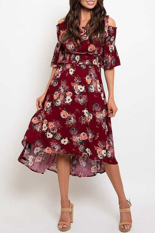 Cold shoulder smoked waist hi lo floral print midi dress (EDWT2240)